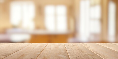 Empty wooden table top with out of focus lights bokeh rustic farmhouse kitchen background