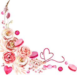 Watercolor Valentine's day fancy floral and sweet border. Boho romantic beige and pink roses, hearts, bows, macaroons, sweets design. Love symbols arrangement. Greeteng card, postcard, backdrop, print