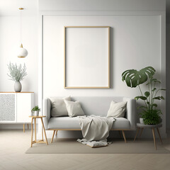 Mock up frame in home interior background, neutral room with modern furniture, modern style, 3d render, Add your own artwork to picture frames. Generative AI