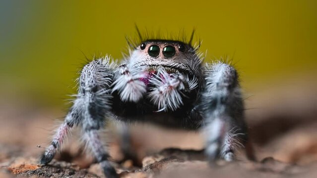 Jumping spider (Phidippus regius) front view, the spider is resting and moving its front limbs (pedipalps).