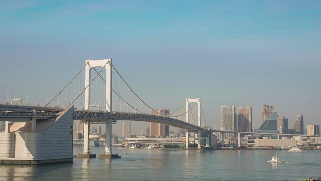 Tokyo Japan time lapse 4K, city skyline timelapse at Odaiba Rainbow Bridge and tokyo cityscape