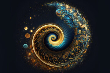Space background with golden spiral. Astrology and fantasy illustration. Golden ratio. Generative AI