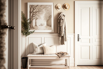 Scandinavian hallway in white and bleached tones with frame mockup. Wooden bench and coat rack. Glass, wallpaper and entrance door, farmhouse interior design, 3d illustration. Generative AI