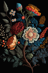 Beautiful bouquet of flowers with leaves. Botanical art. Spring or summer floral background. Generative AI