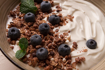 yogurt with chocolate muesli, with berries, blueberries, breakfast, close-up, fork on top, no people,