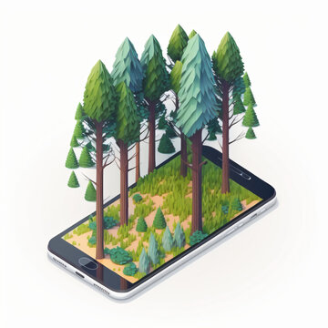 Isometric Design Of Forest Coming Out Of The Screen Of A Phone Generative Ai