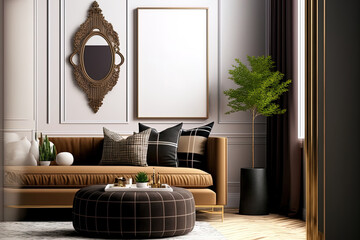 Living area with a chic and opulent interior design featuring a brown velvet pouf, pillows, tartan, sculpture, plants, and chic personal items. modern interior design. Template. draft of a frame