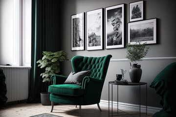Black and white photographs are displayed on a grey wall in an attractive living room with an emerald green recliner. Generative AI