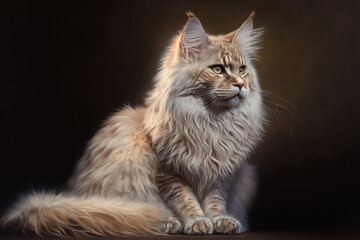 Fluffy cream-white Maine Coon cat sitting in studio lighting and dark background, created with generative AI technology
