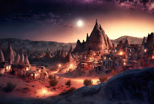 Troglodyte houses in a Cappadocian style landscape - Generative AI