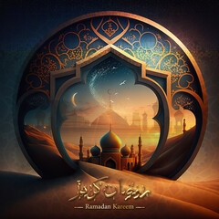 Islamic greetings Ramadan Kareem card design background with beautiful gold lanterns