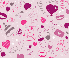 Vector valentine items presented in pink with hearts, presents, candles, balloons, envelopes, lips and cake. 