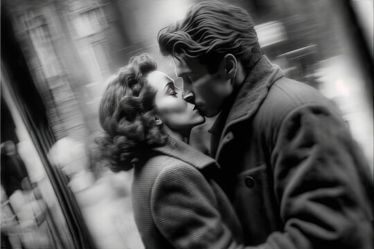 young couple kissing in paris in 1948. monochromatic vintage. This image was created with generative AI, 
