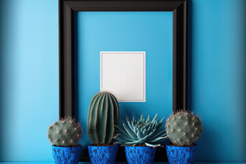 Mockup frame in black with four cacti on a background of blue. Generative AI