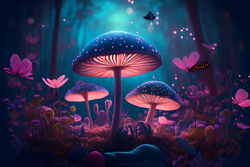 Fototapeta na wymiar Magical fantasy mushrooms in an enchanted fairy tale dreamy elf forest with fabulous fairytale blooming pink rose flower and butterfly on mysterious background, shiny glowing stars and moon rays in ni