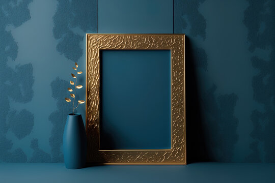 Vertical blue wall with a cutout canvas and a golden wooden picture frame. Generative AI