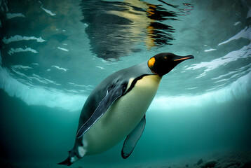 Emperor penguin swimming under iceberg transparent water,generative ai.