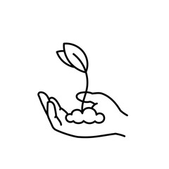 Hand with sprout. Growth of plant. Vector line icon. Editable outline stroke.