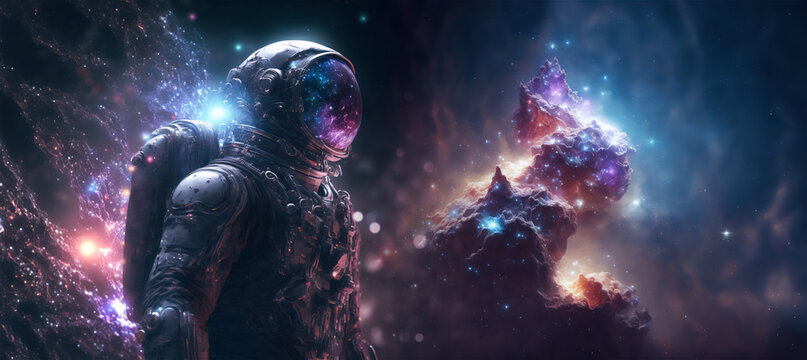 spaceman, astronaute or cosmonaute in space with stars. Generative AI