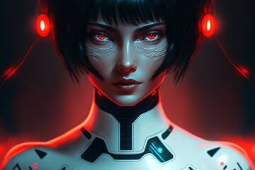 A futuristic anime woman villain with red eyes in a white space suit on a dark background with bright red lights, generative ai