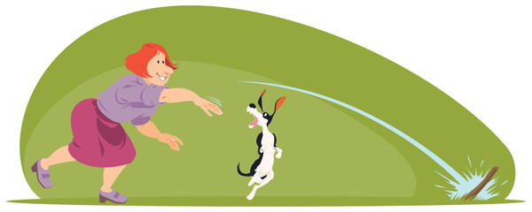Woman is playing with dog. Illustration for internet and mobile website.