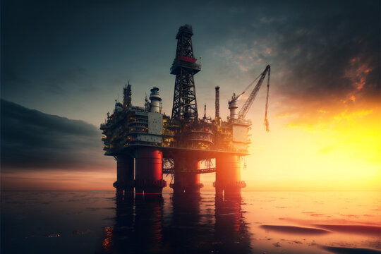 Offshore Petroleum Platform Oil Rig And Gas At Sea Water Sunset Light. Generation AI