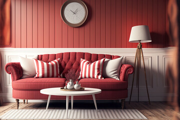 Wooden retro living room in white and red tones. Fabric sofa, parquet, decors and wall mockup. Farmhouse interior design, 3d illustration. Generative AI