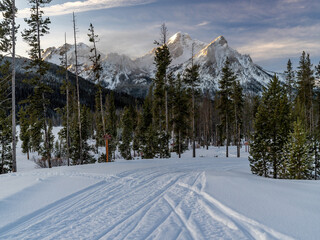 Snowmobile tracks on a road leading to the Sawtooth mountains - obrazy, fototapety, plakaty