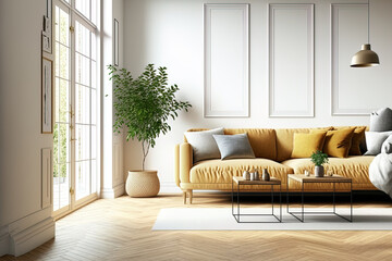 Fototapeta premium Bright living room interior with sofa, carpet, coffee table, and parquet floor made of oak wood. Concept for a calm and relaxing minimalist design. a mockup. Generative AI