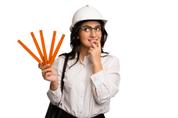 Young architect indian woman with helmet and holding a meter cut out isolated relaxed thinking about something looking at a copy space.