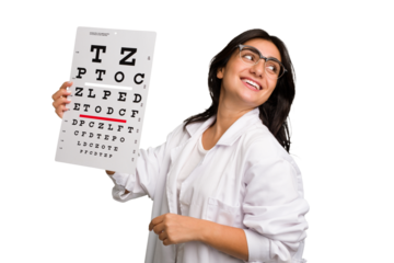 Young indian oculist woman holding an eye chart paper cut out isolated looks aside smiling, cheerful and pleasant.