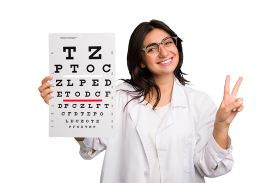 Young indian oculist woman holding an eye chart paper cut out isolated joyful and carefree showing a peace symbol with fingers.