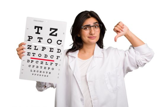 Young indian oculist woman holding an eye chart paper cut out isolated showing a dislike gesture, thumbs down. Disagreement concept.