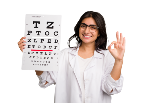 Young indian oculist woman holding an eye chart paper cut out isolated cheerful and confident showing ok gesture.