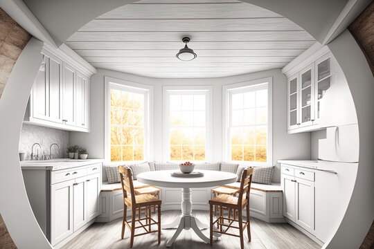 Four seats and a round table are in a white kitchen. Countertops, marble and white walls, a wooden ceiling, and a little window are all present. simulated, toned image. Generative AI