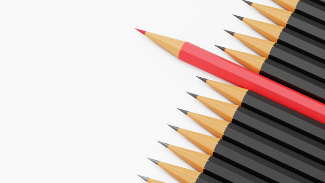 One Red Pencil Step Forward Among Bunch Of Black Pencils, Lead The Way Concept, Stand Out From The Crowd, Uniqueness, Initiative, Strategy, Dissent, 3D Render