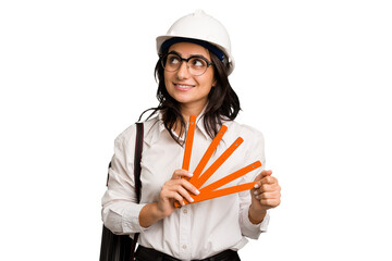 Young architect indian woman with helmet and holding a meter cut out isolated - obrazy, fototapety, plakaty