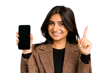 Young indian business woman showing her mobile phone isolated cut out