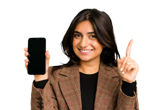 Young indian business woman showing her mobile phone isolated cut out