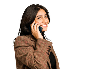 Young indian business woman calling with mobile phone isolated