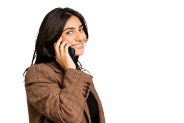 Young indian business woman calling with mobile phone isolated