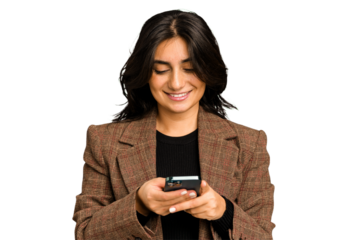 Young Indian business woman using her mobile phone isolated