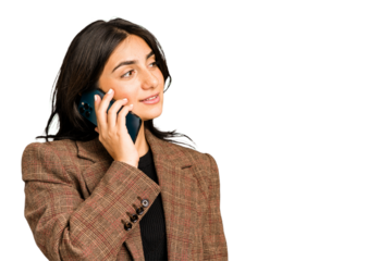 Young indian business woman calling with mobile phone isolated