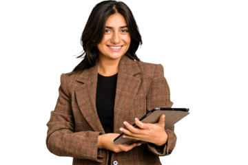 Young indian woman using her tablet isolated