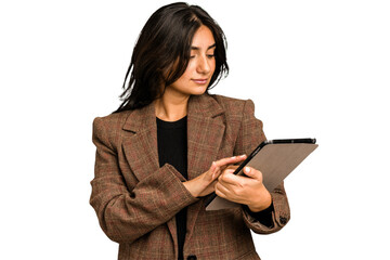 Young indian woman using her tablet isolated