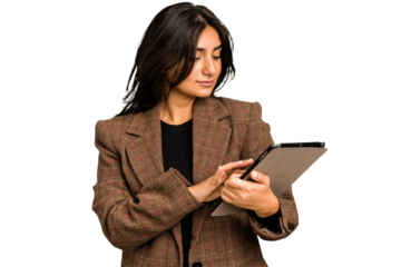 Young indian woman using her tablet isolated