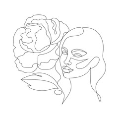 Vector linear drawing of a girl with a flower. Silhouette of a female head with a flower on a white background. Linear silhouette for a tattoo. Beautiful female face outline.