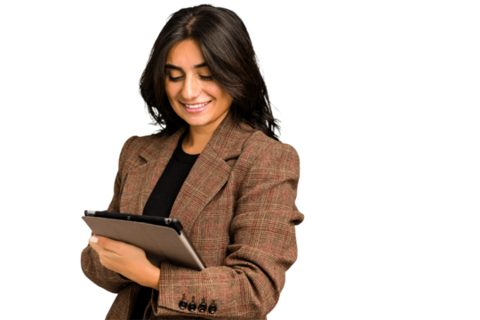 Young indian woman using her tablet isolated