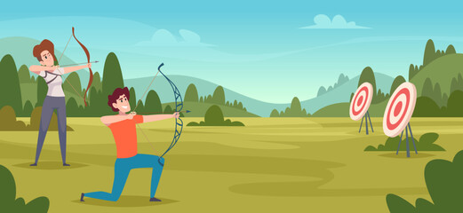 Archery competition. Cartoon background with shooting archers to target exact vector template - obrazy, fototapety, plakaty