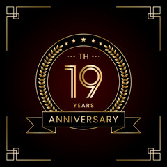 Fototapeta na wymiar 19th Anniversary Logo Design Concept with Laurel wreath for Birthday Celebration Event. Line Art Design, Logo Vector Template